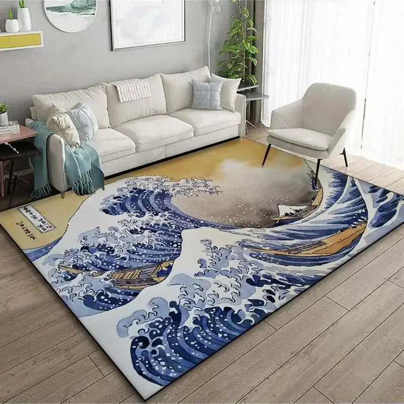 VIKAMA Alfombra de estilo japonés Ukiyo-e para vestíbulo, alfombrilla para balcón, cocina, sala de estar, dormitorio con motivo de la Gran Ola de Kanagawa