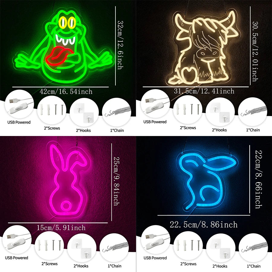 Letrero de neón con temática de animales, lámpara led de animales para decoración de pared, alimentado por USB, lámpara de pared para dormitorio, club, oficina y sala de juegos.