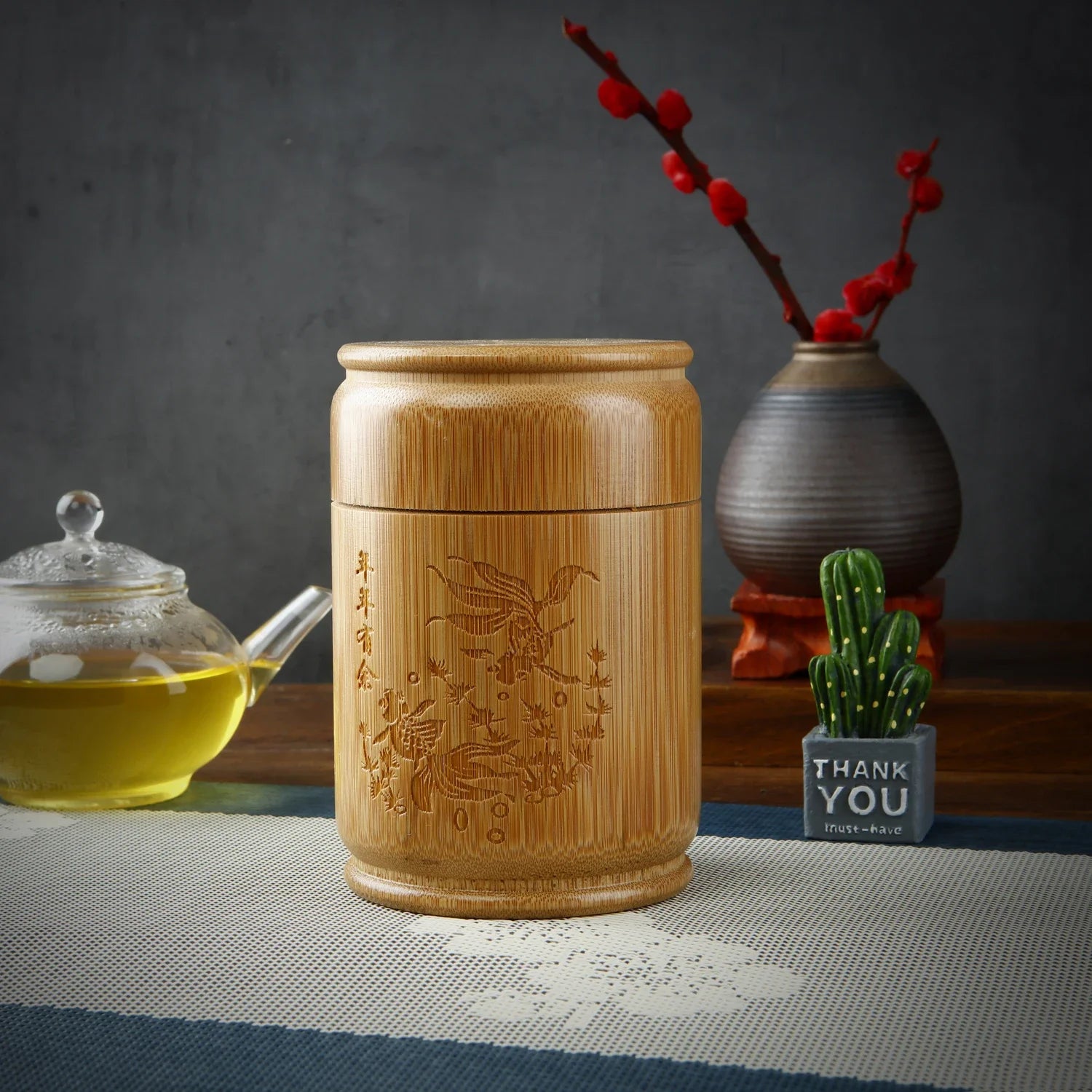 Boîte de rangement de thé en bambou faite à la main, boîte à thé sculptée avec couvercle hermétique, bocaux de rangement de cuisine, accessoires, boîte à épices, organisateur