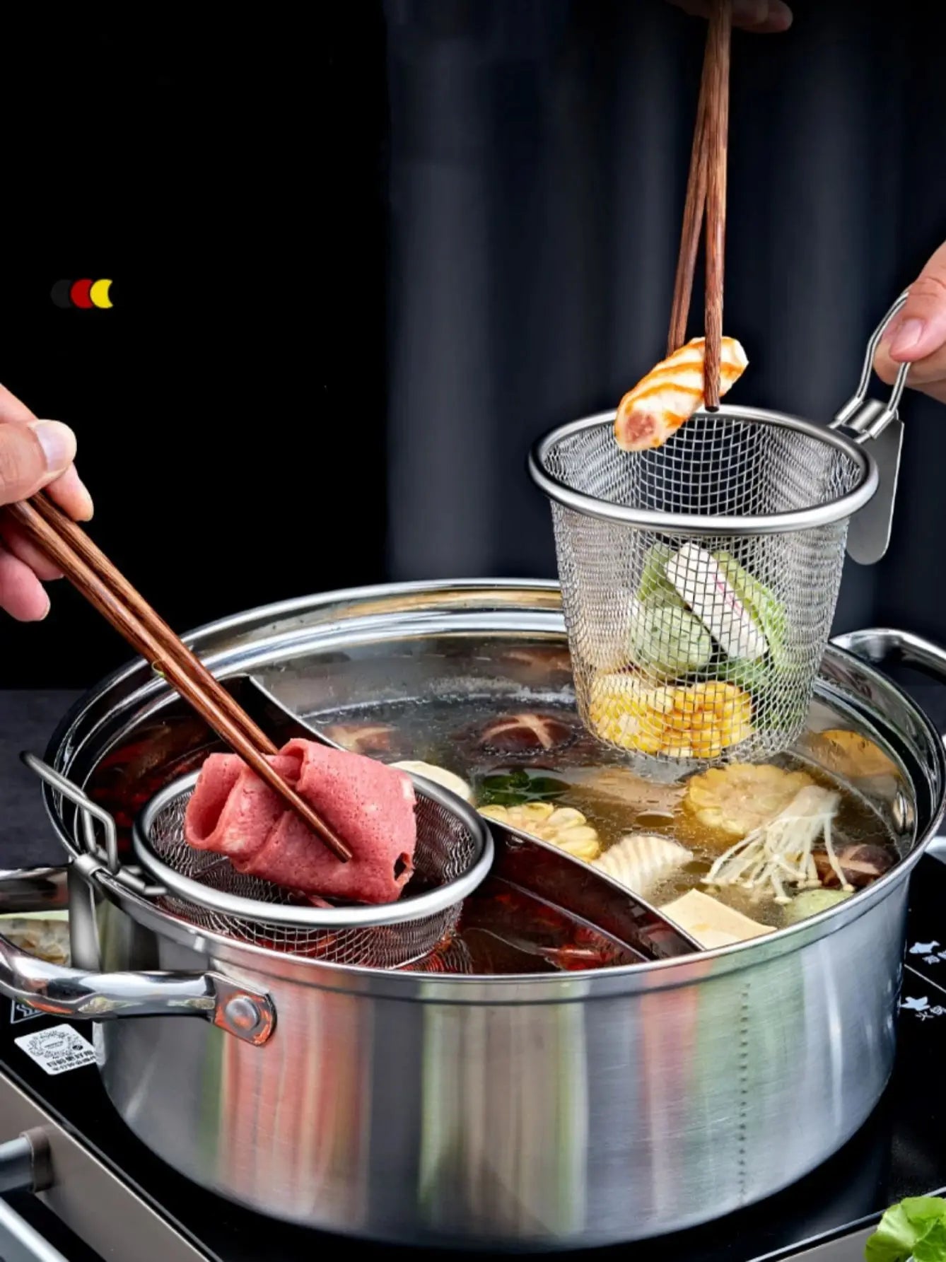 Plat à chafing dish en acier inoxydable, cuillère qui fuit, passoire de cuisine, entonnoir, crochet, viande bouillie instantanée, lo mein sauté, nouilles bouillies