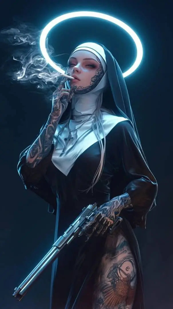 Póster de Monja con Ametralladora Tatuada Sexy, Estampado de Monja Cristiana Fumando, Lienzo para Sala de Estar, Fondo de Pared, Decoración del Hogar