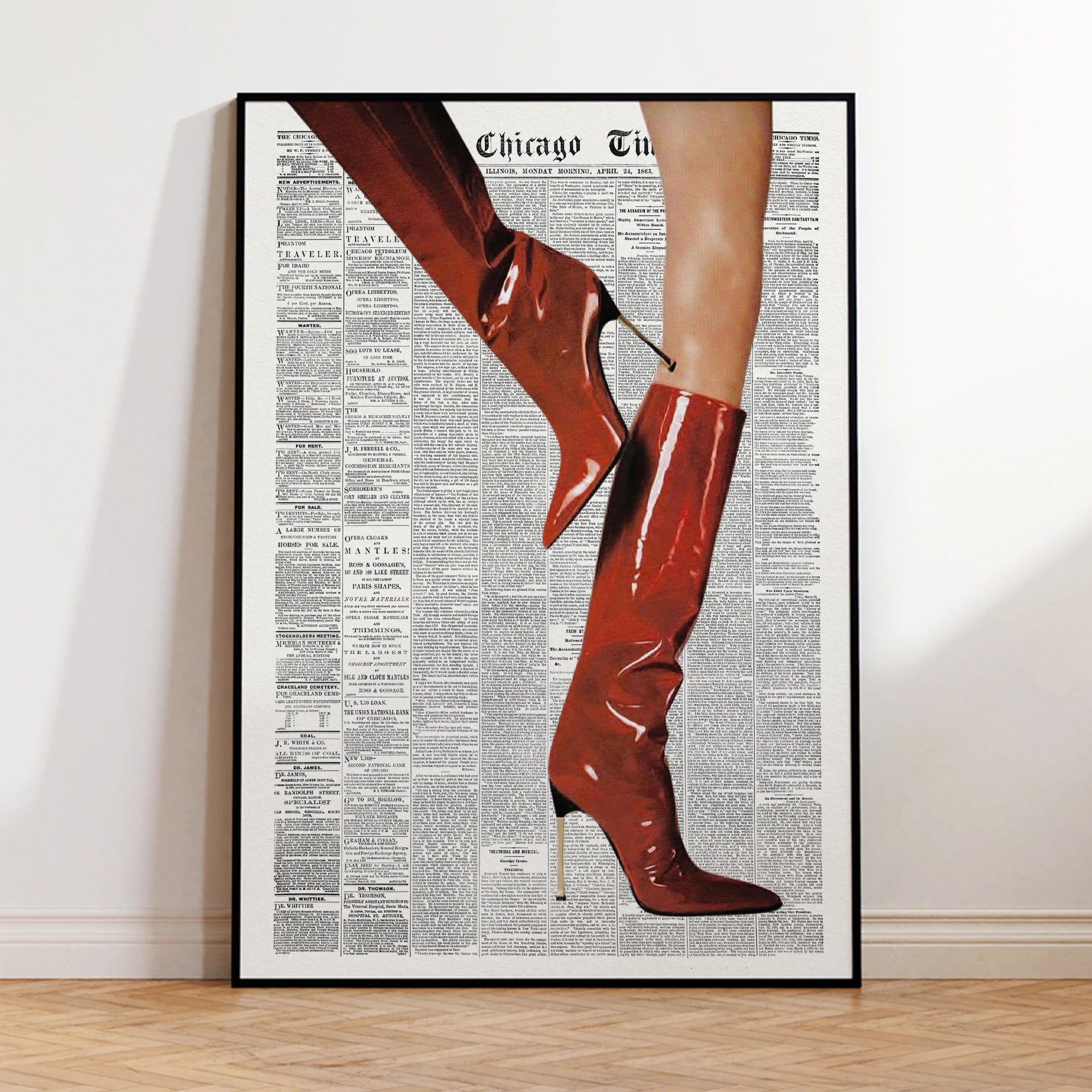 Modern Retro Newspaper Red Boots Fashion Leopard Boots Vintage Wall Art Canvas Painting Posters For Living Room Home Decor