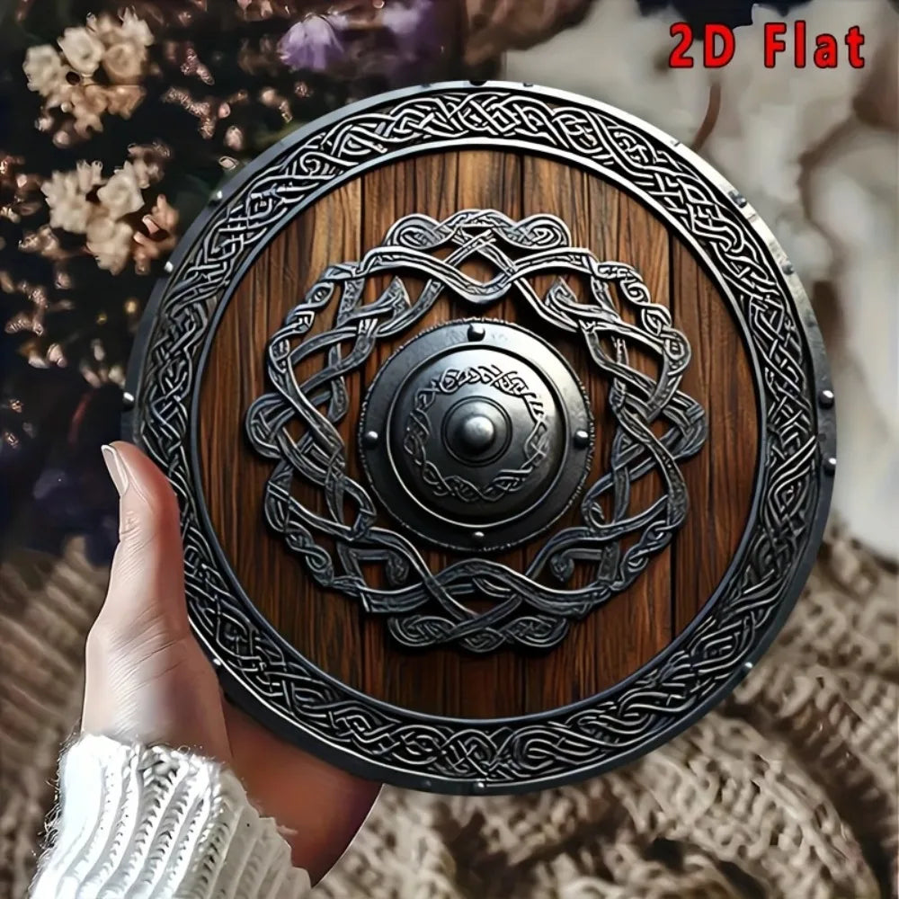 Decoración de pared metálica de escudo vikingo nórdico 2D plano con nudos celtas, marrón oscuro, para hogar, oficina, bar, cafetería