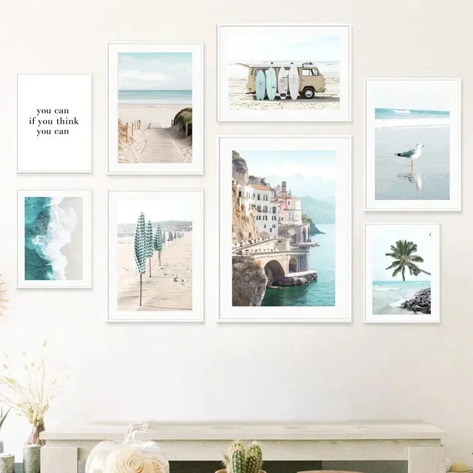 Planche de Surf Mouette Parasol Mer Bleue Tableau Mural sur Toile Affiches et Impressions Nordiques Photos Murales Pour Salon Décoration
