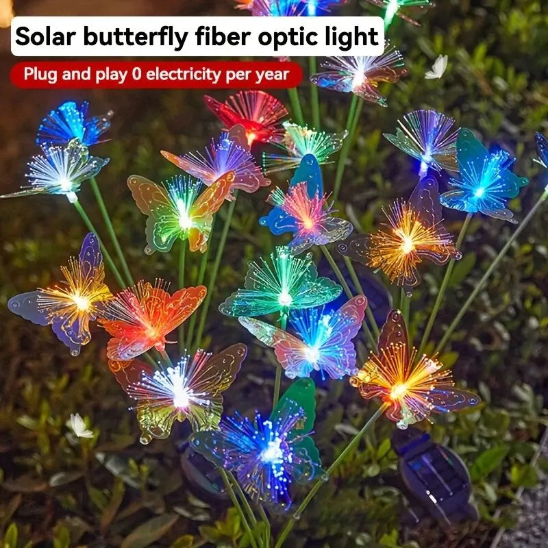 1 lampe solaire à fibre optique LED papillon à 6 têtes, 2 modes d'éclairage d'ambiance extérieur idéal pour jardin, allées, pelouse, patio, cour