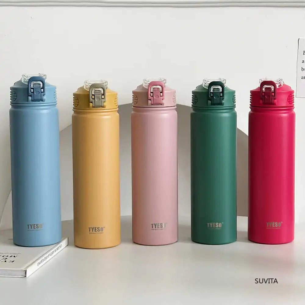 Botella de agua termo TYESO de 600 ml/750 ml con pajita, taza térmica deportiva de acero inoxidable para coche, mantiene el frío y el calor, taza de viaje térmica
