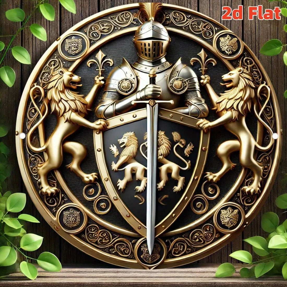 Arte de pared vintage redondo de metal con emblema de caballero y león guardián, letrero de aluminio/estaño para decoración de hogar, bar, café