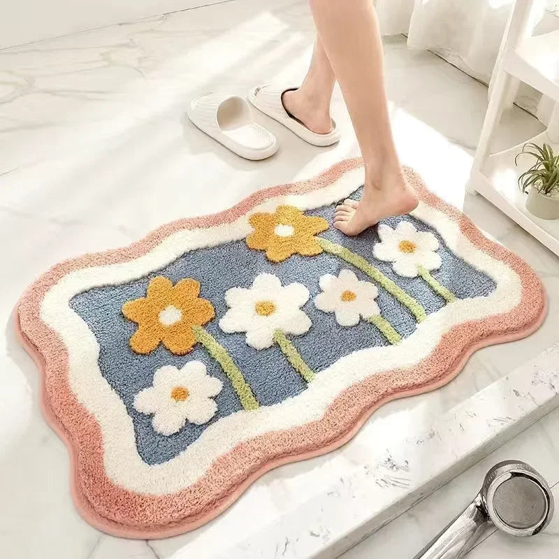 VIKAMA | Alfombra de cachemira sintética con flores frescas - Antideslizante, alfombrilla de baño absorbente/felpudo para salón/alfombrilla multiusos