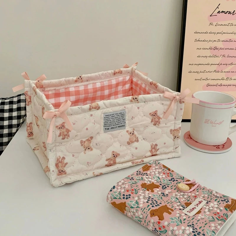 Cesta de almacenamiento cuadrada con encaje y flores, organizador de escritorio, cesta de almacenamiento acolchada coreana, bonita cesta de almacenamiento, decoración del hogar