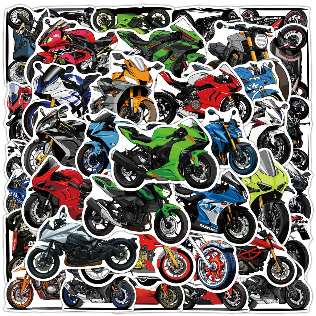 50/100 autocollants de moto de dessin animé Graffiti autocollants décoratifs pour bagages, cahiers, voiture, papeterie imperméable