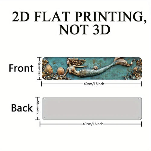 Señal artística de pared de aluminio de 1 pieza y 4x16 pulgadas, plana en 2D - Encantadora sirena con joyas marinas, decoración costera en tonos turquesa y dorado para dormitorio