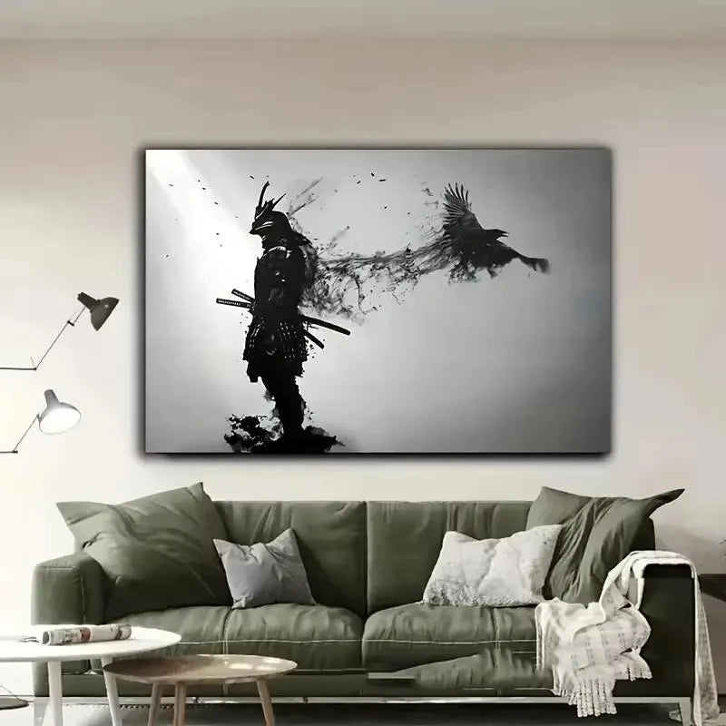 Affiches et impressions murales d'homme samouraï noir japonais en noir et blanc avec corbeaux, tableau sur toile pour salon, décorations Cuadros