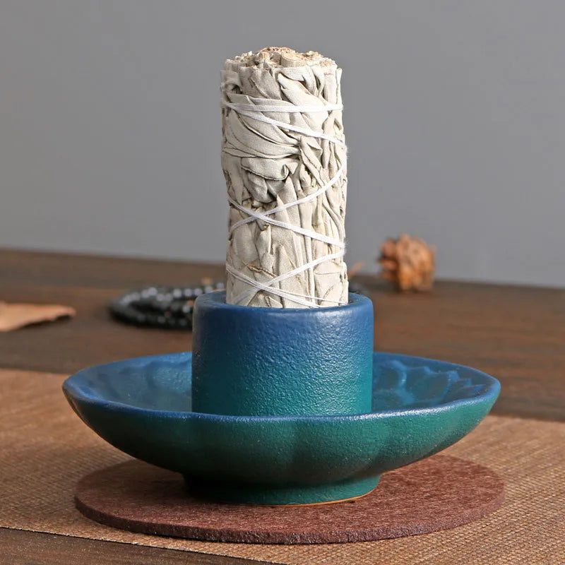 Brûleur d'encens Lotus en céramique pour Palo Santo, porte-encens de sauge, cendrier, plateau attrape-cendres pour la méditation et le yoga