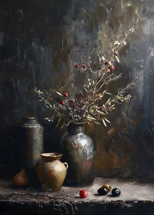 Jarrón de flores de naturaleza muerta, decoración de pared de pintura botánica vintage, jarrones antiguos vintage, impresiones estéticas, pintura de lienzo de olivo