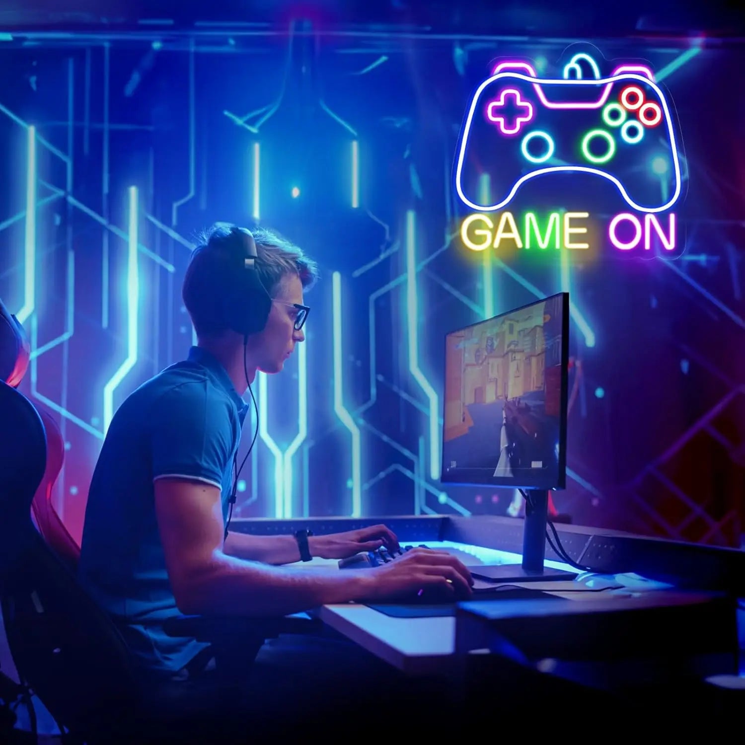 Letrero de neón para gamers, letrero de neón LED "Game On" para decoración de pared de gamers, letrero de neón de luz para dormitorio adolescente, regalos para gamers para niños