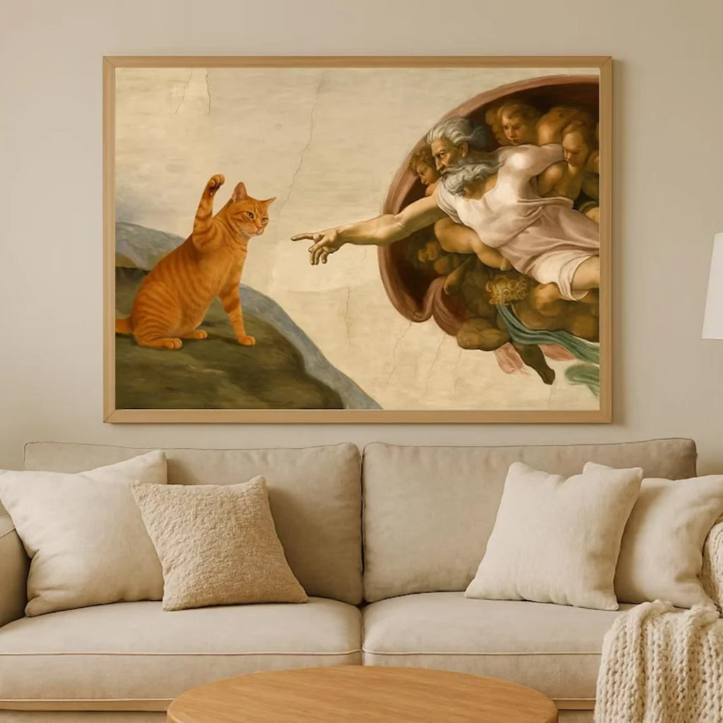 "Décor mural fantaisiste 'La Création d'Adam' avec Chat Orange - Affiche Parodie d'Art Classique pour Salon Éclectique, Originale