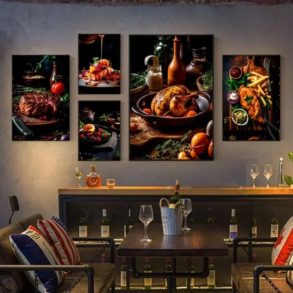 Póster de lienzo impreso para pared con diseño de pollo, comida, hamburguesa, patatas fritas, pollo y salmón, para sala de estar, hogar, restaurante y decoración