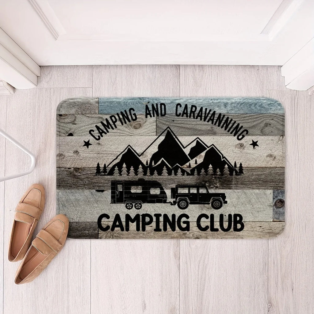 Tapis de sol amusant sur le thème du camping pour les passionnés de plein air – paillasson, tapis d'entrée intérieur, tapis de sol antidérapant et durable pour l'espace VR.