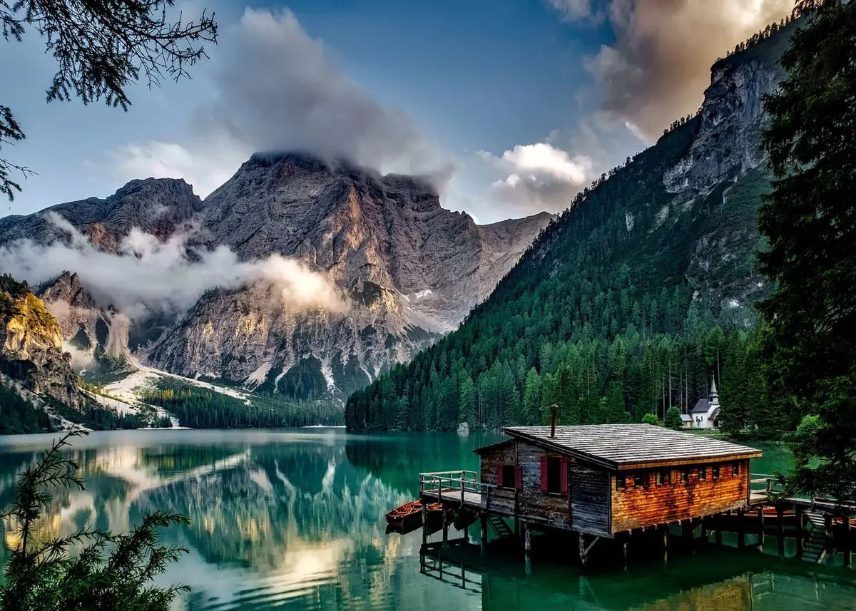 Nature Paysage Forêt Verte Montagne Lac Bateau Poster Impression sur Toile Tableau Mural Images Décoration Moderne Salon Maison