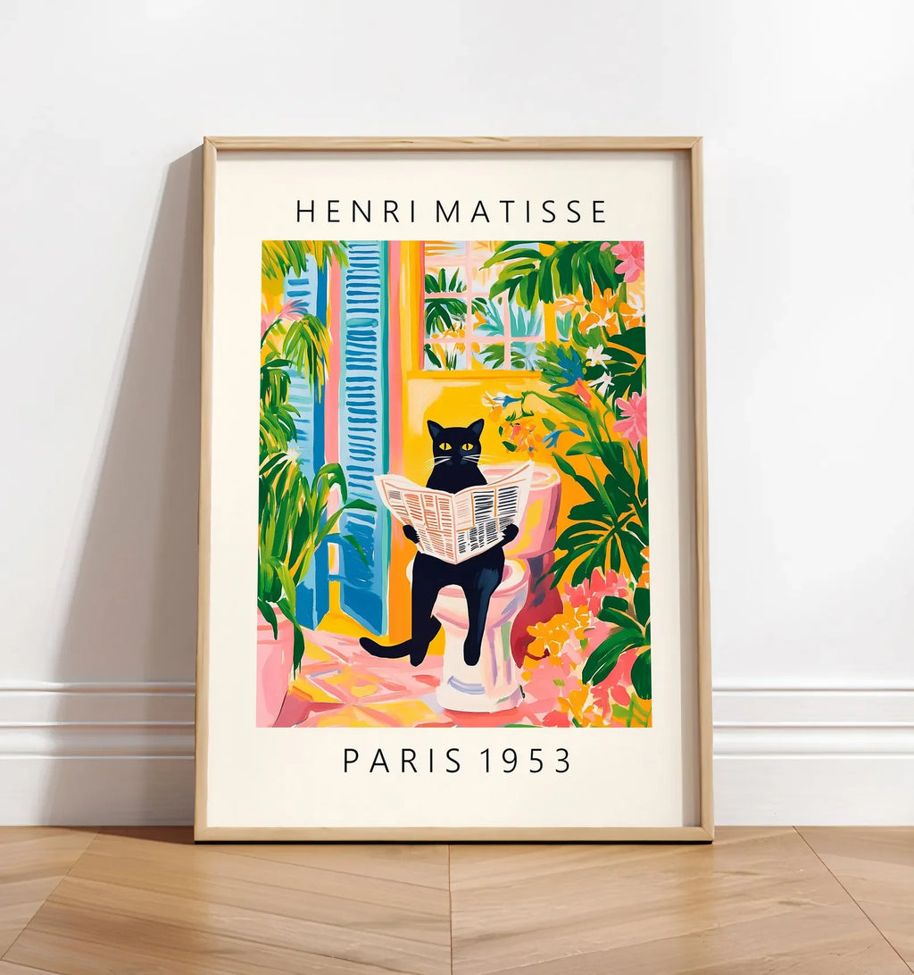 Gato negro en el inodoro, arte de pared para baño, póster de Matisse, decoración de baño divertida, decoración tropical rosa