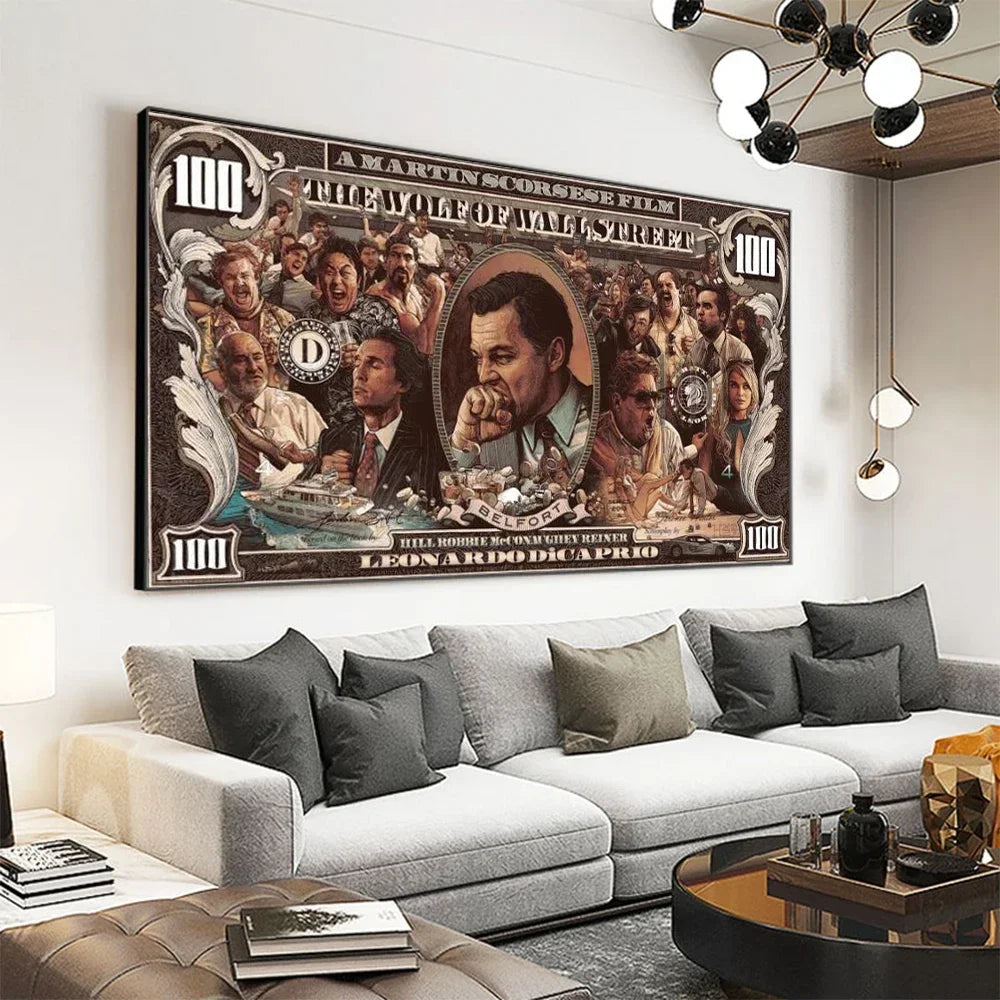 Arte de pared vintage, tarjeta negra americana El lobo de Wall Street, póster impreso en lienzo, decoración para sala de estar o dormitorio