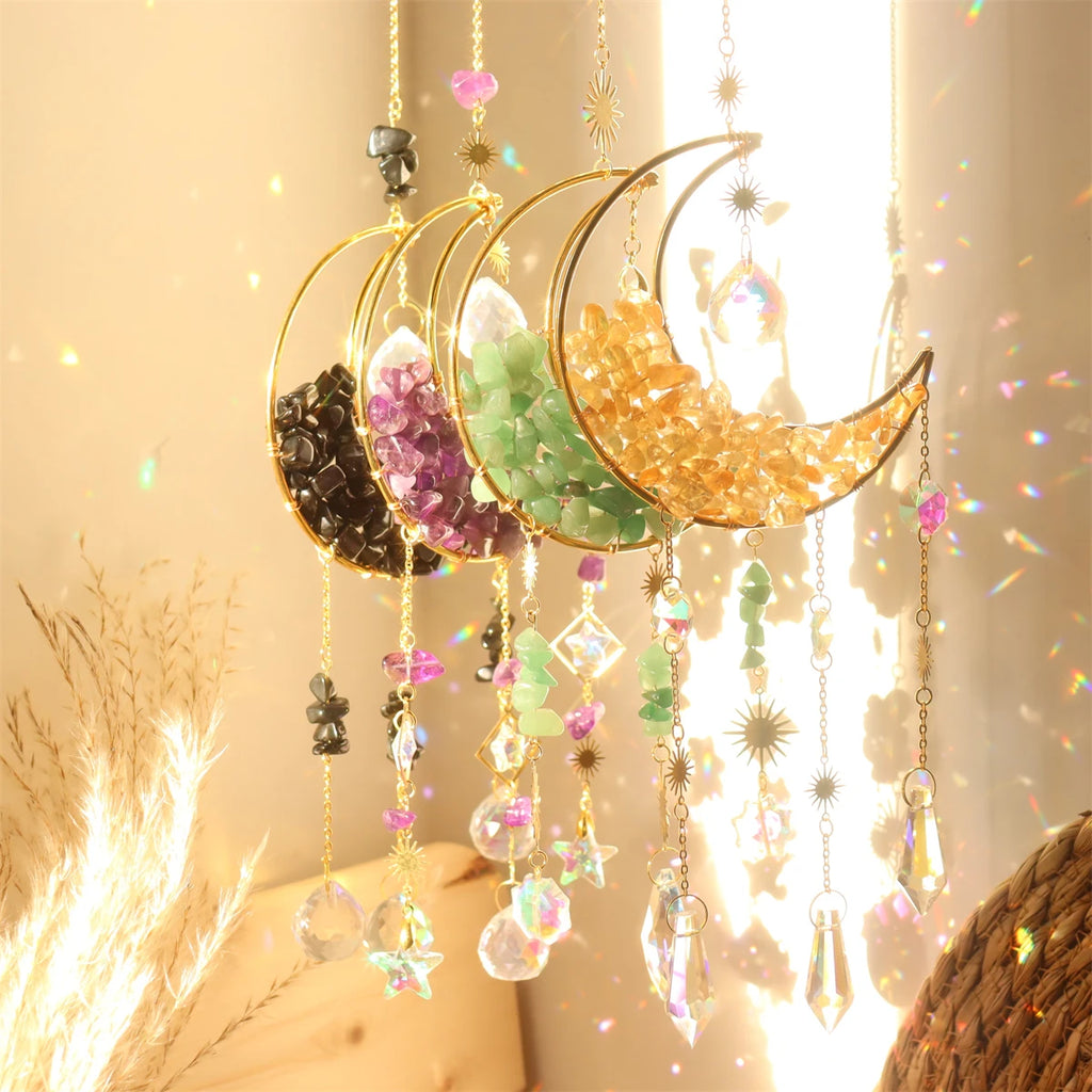 Pendentif attrape-soleil en cristal de couleur violet, bleu, vert et rose en forme de lune sablier, décoration à suspendre en forme de demi-lune pour fenêtre - Maison et jardin