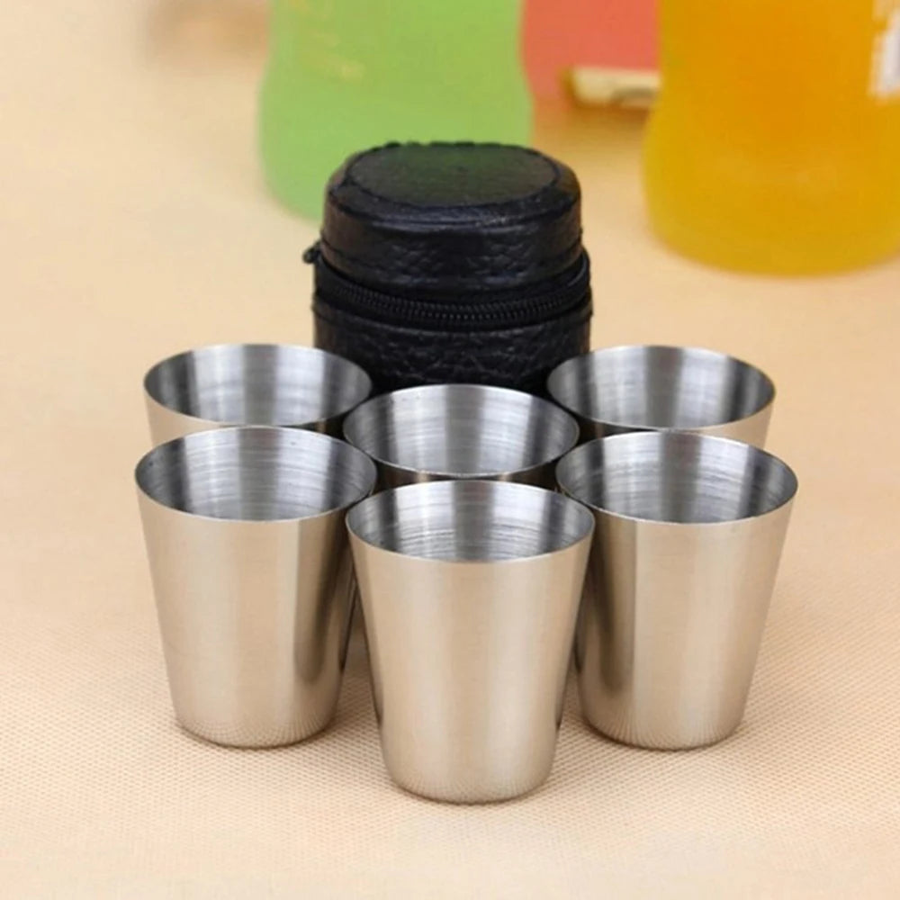 Juego de 6 vasos pequeños de acero inoxidable para viaje al aire libre, para whisky y vino, con estuche, vasos portátiles