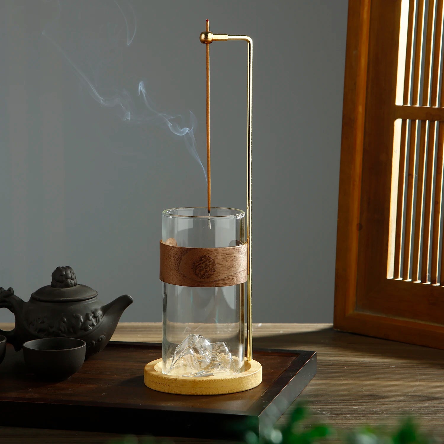 Glass Mountain Incense Holder for Sticks Incense Sticks Holder with Cord Lock Anti-Ash Flying Incense Burner with Ash Catcher