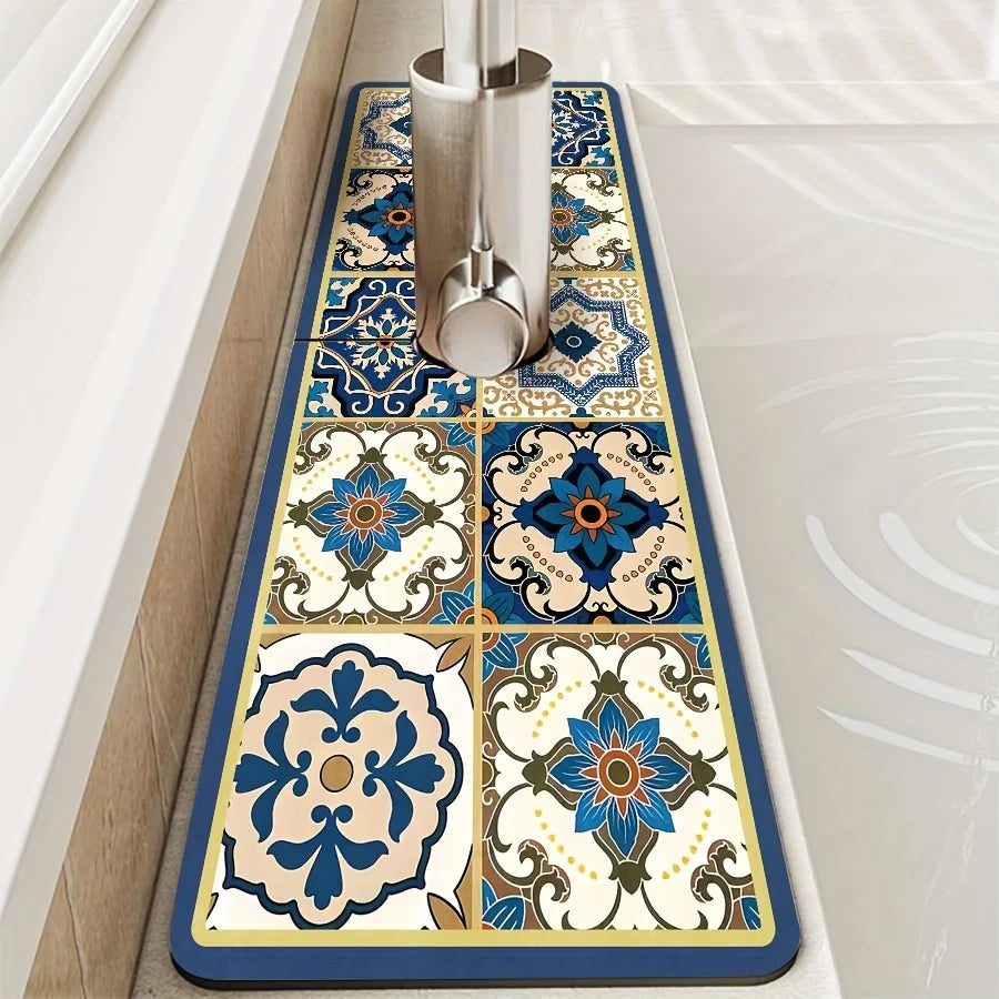 VIKAMA Premium Retro Pattern Kitchen Sink Splash Guard Faucet Mat Kitchen Countertop Absorbent Mat Bathroom Faucet Mat Drying Ma