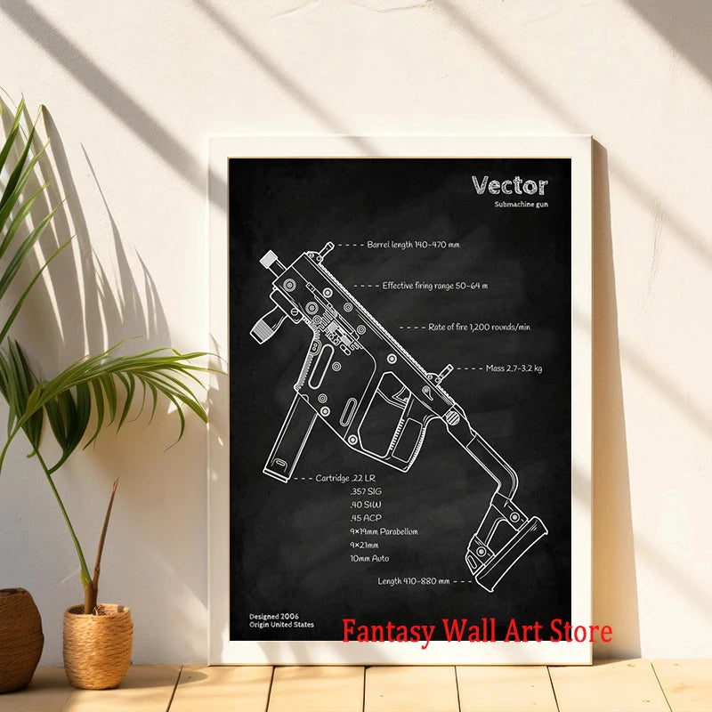 Affiche de plan d'armes Tableau noir Pistolets Plan Toile Peinture Amateurs militaires Décoration murale de chambre à coucher Fusillade