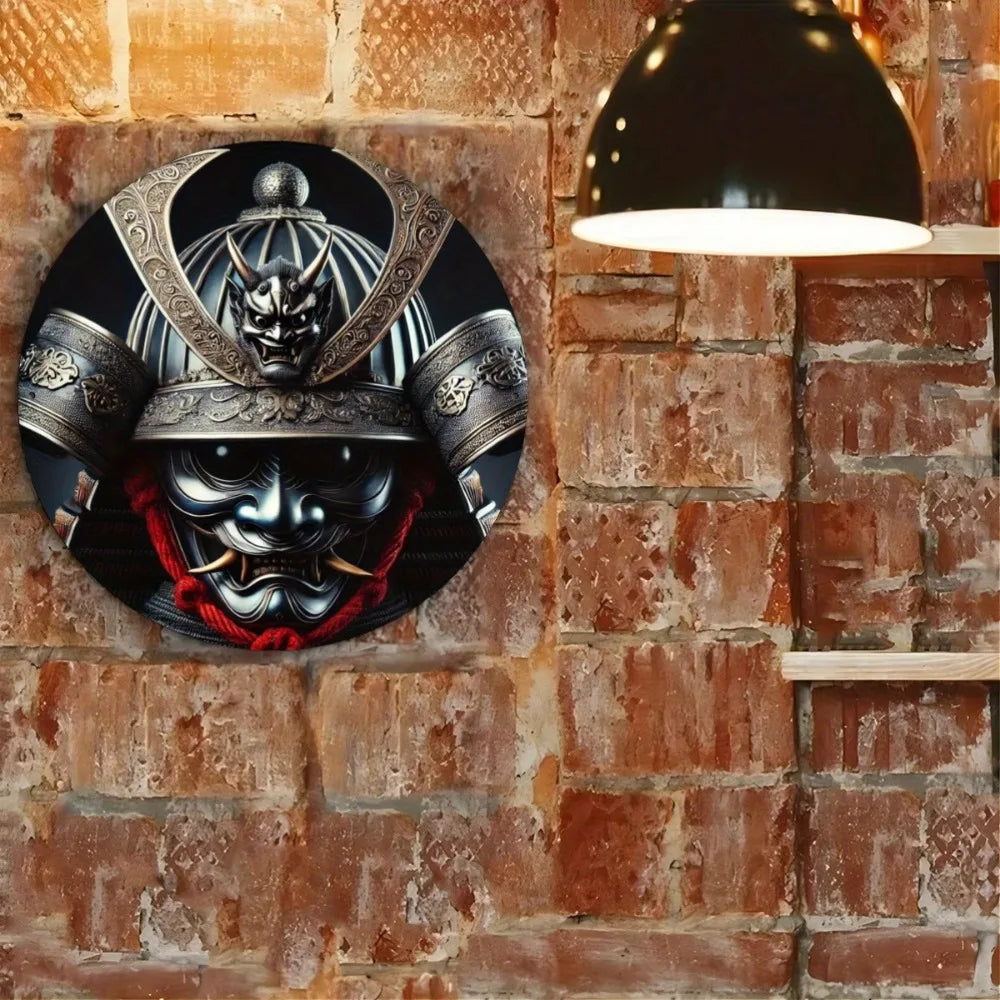 Letrero metálico redondo: Casco de samurái japonés (máscara de Oni) - Decoración de pared, dormitorio, cafetería, hogar y dormitorio universitario
