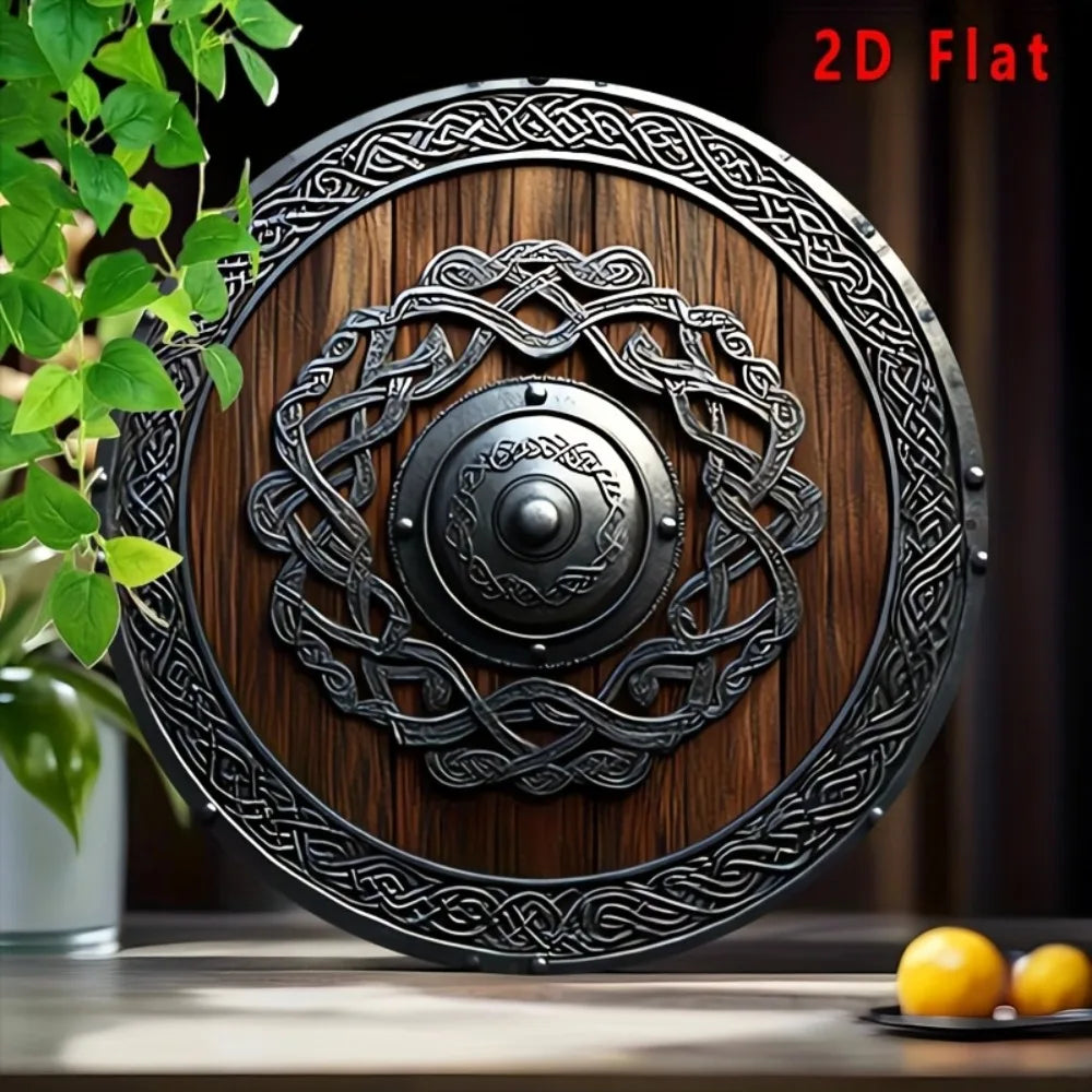 Decoración de pared metálica de escudo vikingo nórdico 2D plano con nudos celtas, marrón oscuro, para hogar, oficina, bar, cafetería