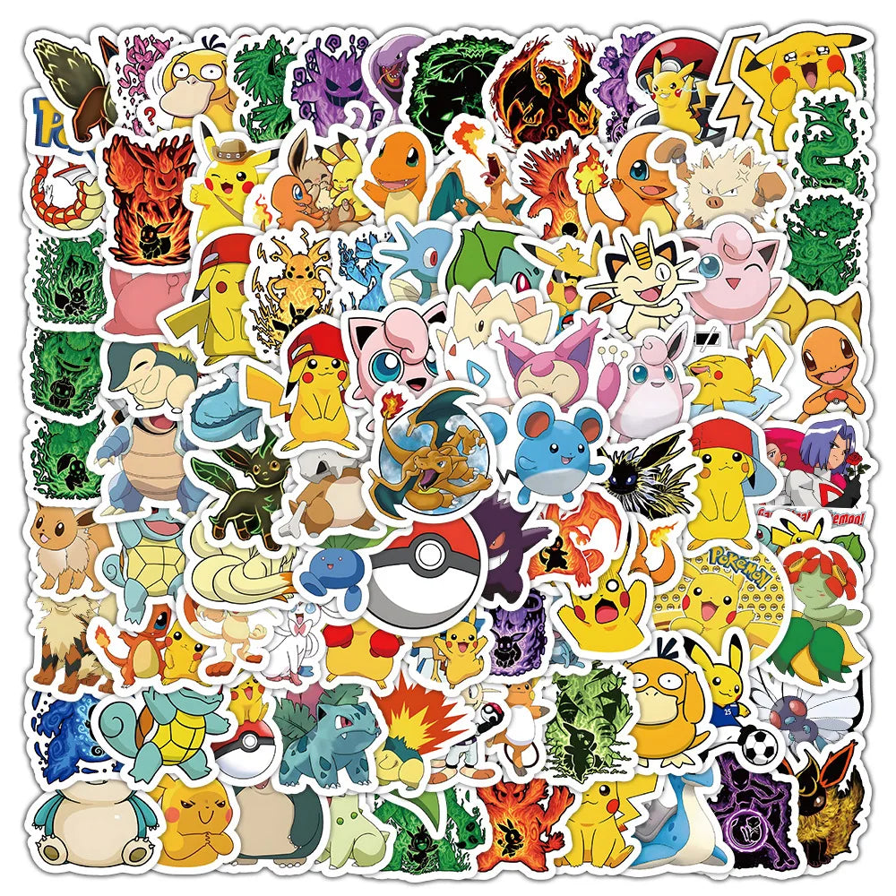 100PCS Kawaii Pikachu Anime Pokemon Pegatinas para Laptop Maleta Monopatín Guitarra Teléfono Pegatina de Dibujos Animados Juguetes de Regalo para Niños