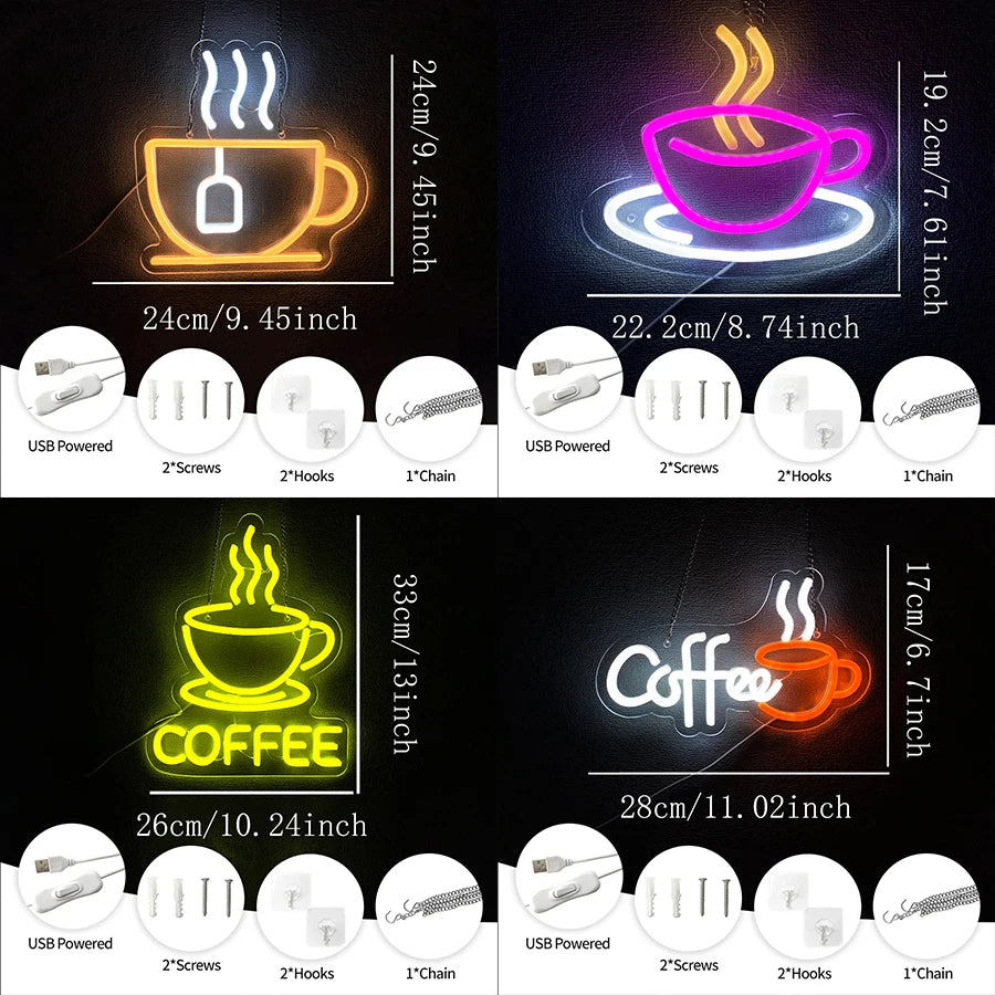 Enseigne néon LED Café, Enseigne Café Super Lumineuse, Alimentation USB, Idéale pour Décoration d'Art, Comptoir de Café et Entreprise.