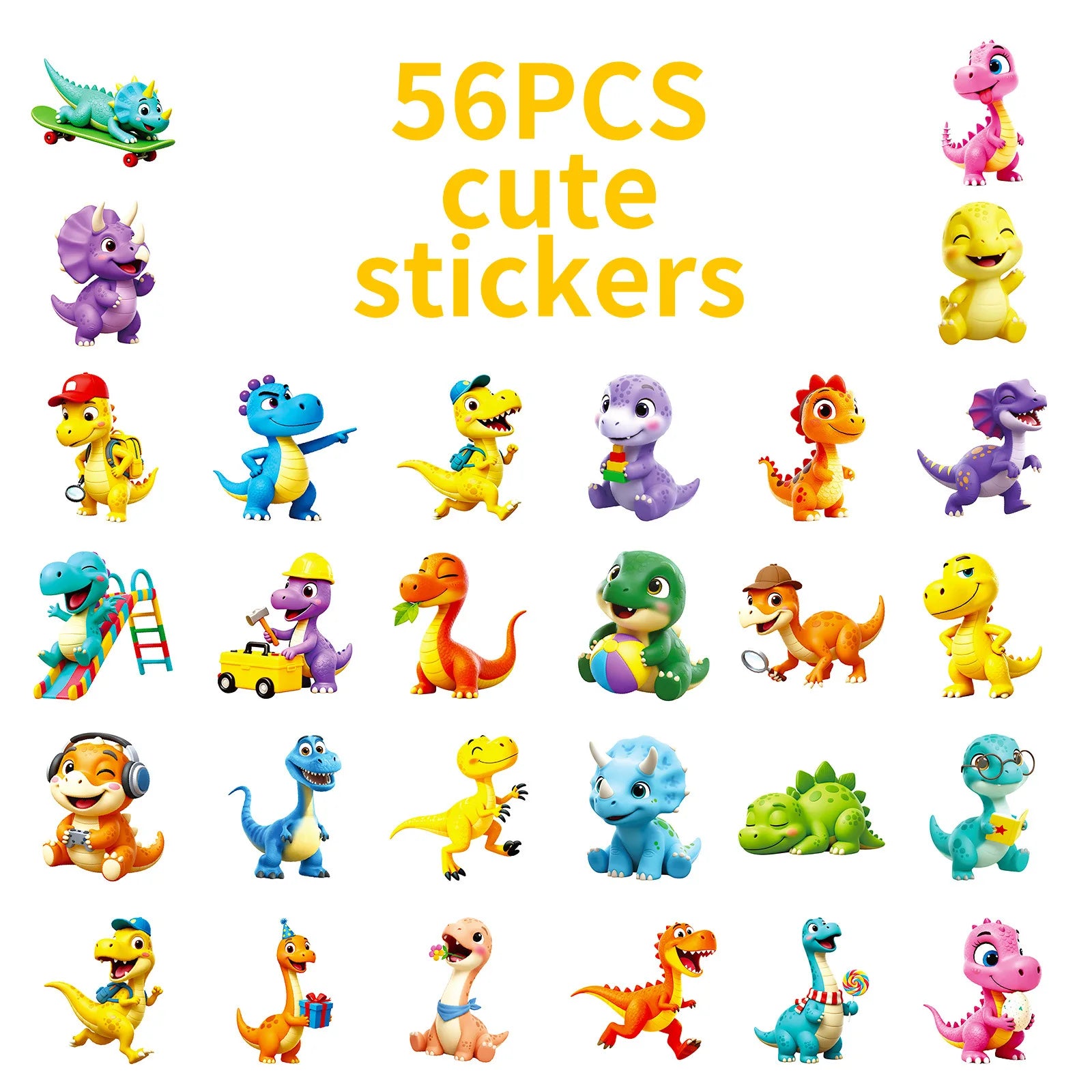 56/112PCS Pegatinas de Graffiti de Dinosaurios de Dibujos Animados en 3D Lindas Pegatinas de Recompensa para Cuadernos de Papelería de Decoración de Dinosaurios