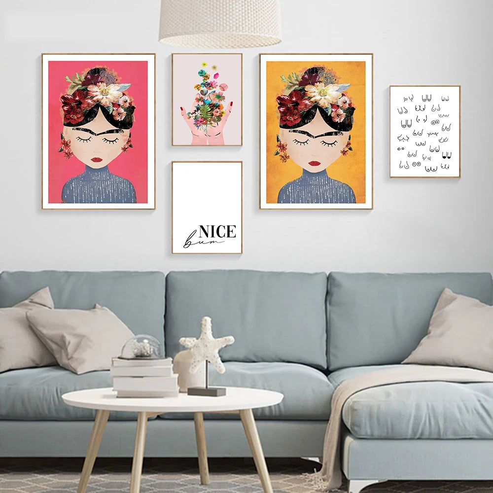Affiche féministe bohème seins fleurs mains, toile peinture décoration de chambre, œuvre d'art Frida K pour la décoration murale du salon