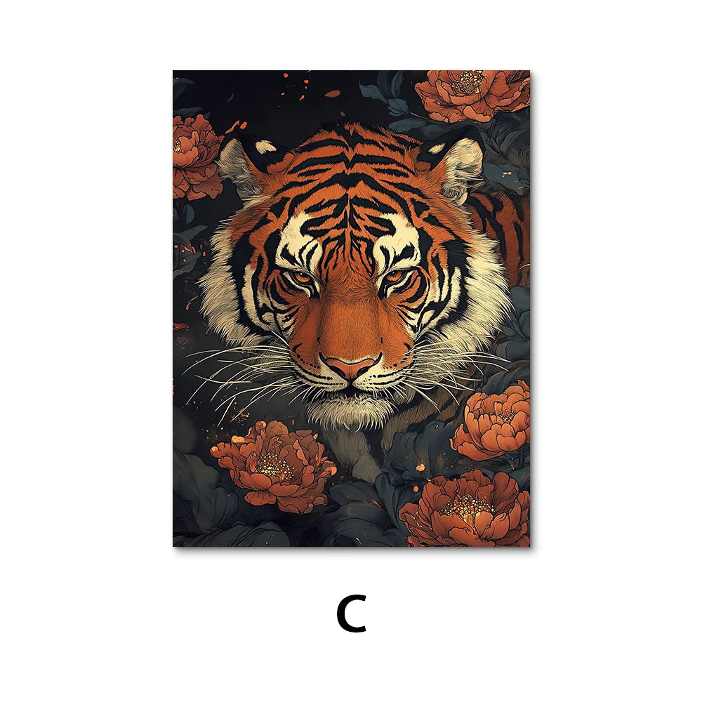 Lienzo vintage Ukiyo-e de tigre – Póster japonés de pared para sala de estar, dormitorio, decoración nórdica del hogar