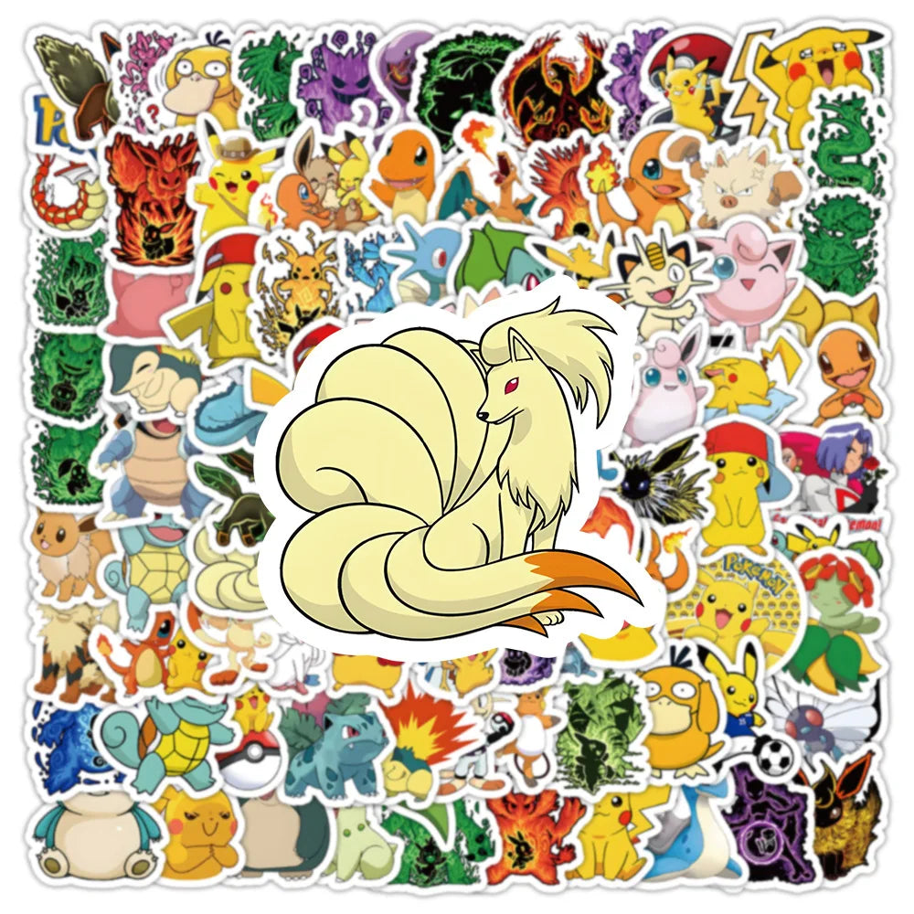 100PCS Kawaii Pikachu Anime Pokemon Pegatinas para Laptop Maleta Monopatín Guitarra Teléfono Pegatina de Dibujos Animados Juguetes de Regalo para Niños