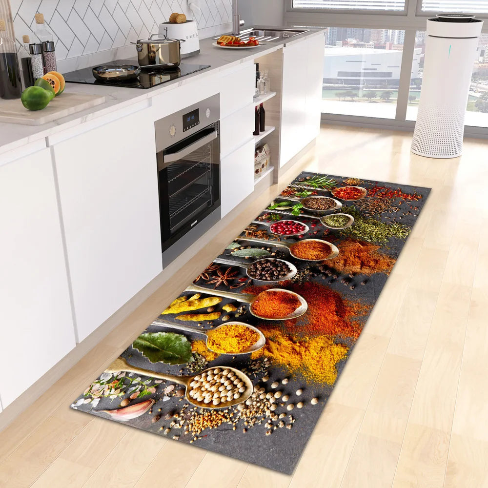 VIKAMA Alfombra escandinava impermeable, antibacteriana, resistente a las manchas, estampada con especias, lavable a máquina, moderna, para cocina, decoración del hogar