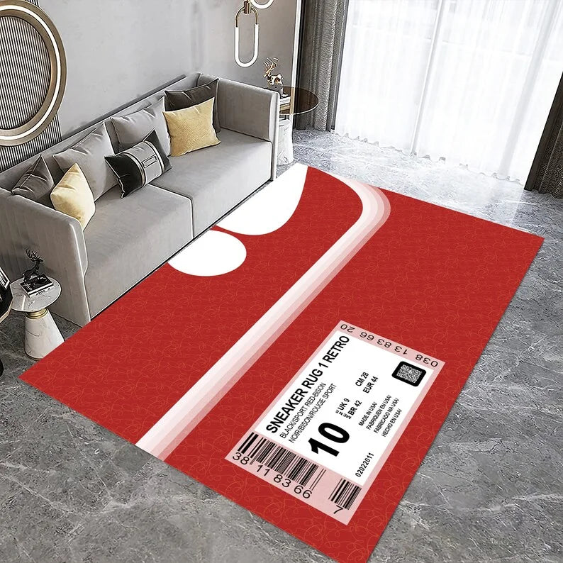 Alfombra con estampado de zapatillas, alfombra de decoración urbana con tipografía streetwear en tonos rojo y negro para sala de estar, alfombras para dormitorio.