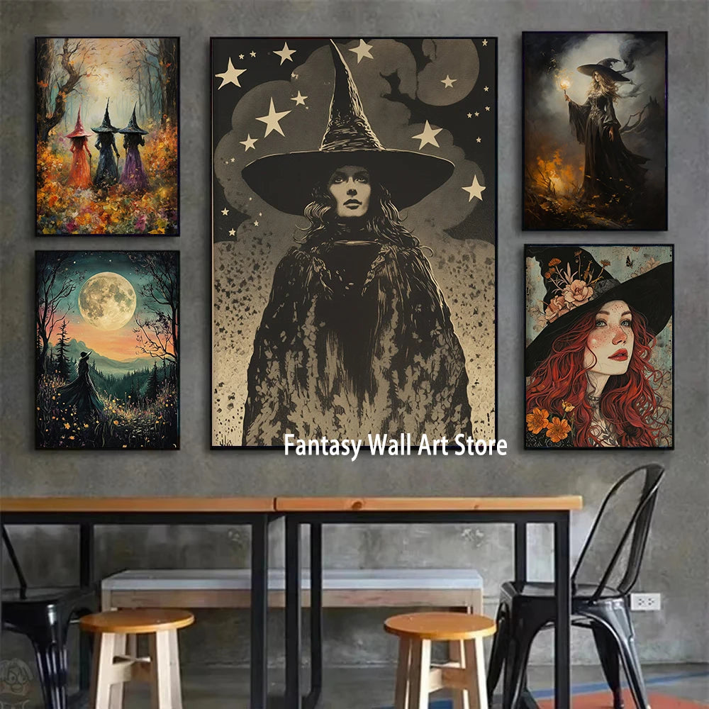 Estampa artística de bruja, bruja con luna llena, decoración de pared, pintura de brujas en la oscuridad, decoración de pared, póster de lienzo, decoración romántica oscura