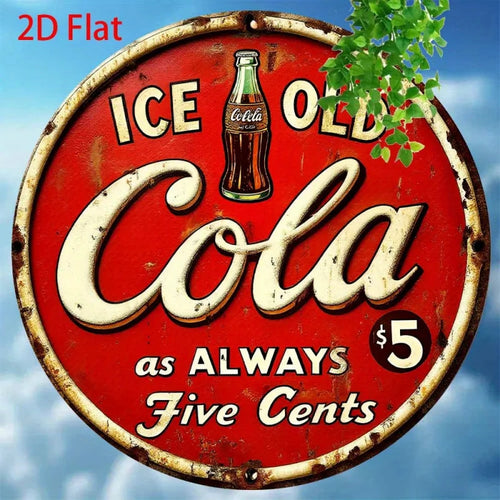 Letrero de metal plano 2D estilo vintage de Coca Cola - Arte de pared redondo de aluminio de 8x8 pulgadas, diseño retro de Ice-Cola, decoración rústica para el hogar, cocina, bar