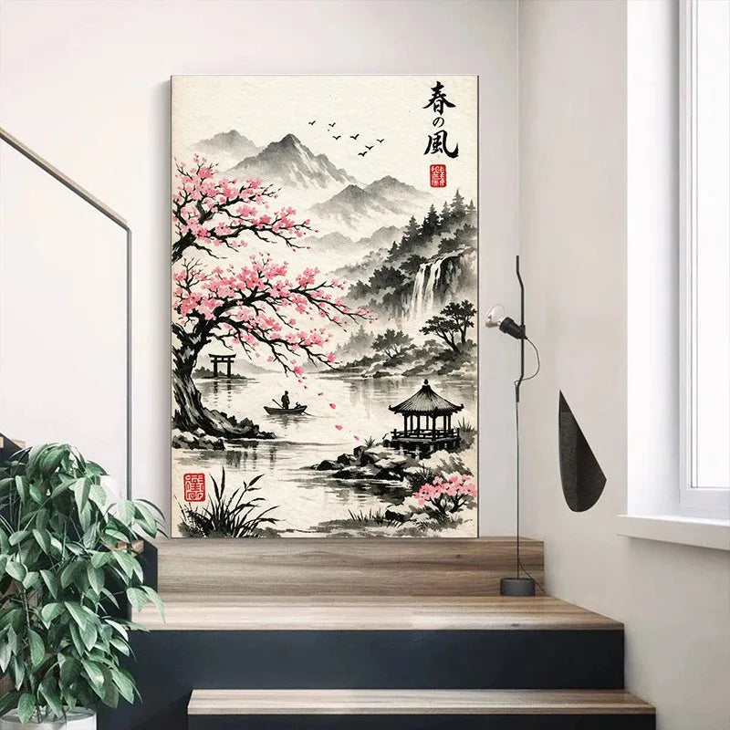 Tableau Paysage Peinture à l'Encre Japonaise Fleurs de Cerisier de Printemps Impression sur Toile Affiche Murale Style Asiatique pour Salon Décoration Maison Cadeau