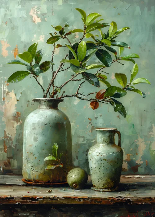 Jarrón de flores de naturaleza muerta, decoración de pared de pintura botánica vintage, jarrones antiguos vintage, impresiones estéticas, pintura de lienzo de olivo