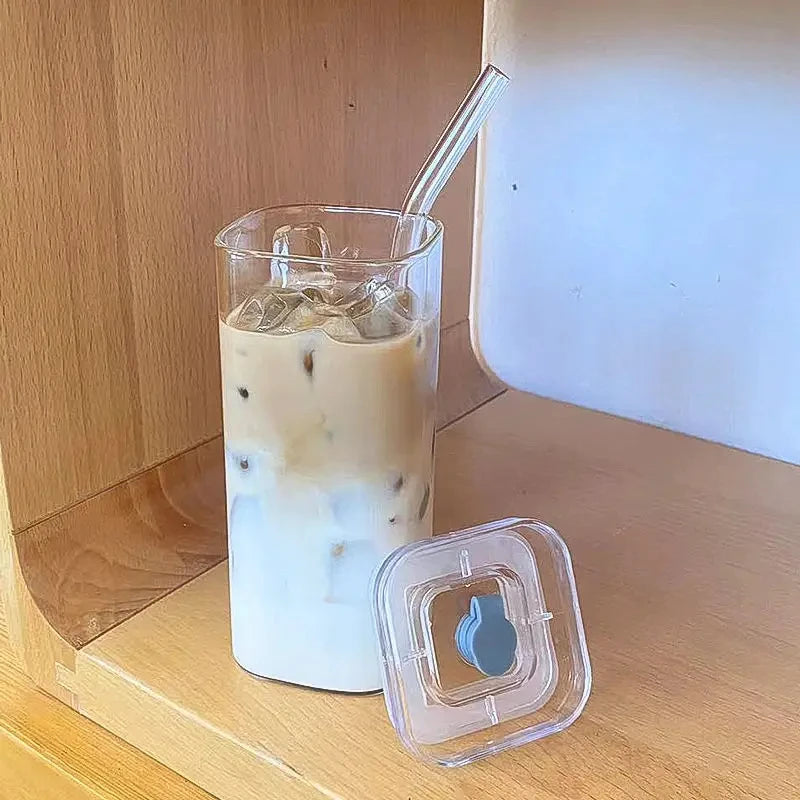 Tasse à café en verre carré résistante à la chaleur avec couvercle et paille, transparente, pour lait, thé, jus, pour la maison, le bar, vaisselle, lot de 1/2/4/6 pièces
