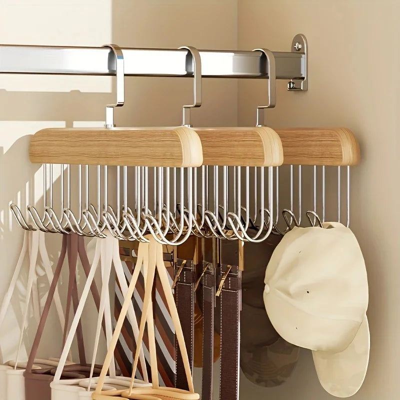 Organisateur de cintres en bois avec plusieurs crochets pour sous-vêtements, soutiens-gorge, gilets, support de rangement durable et peu encombrant pour vêtements.