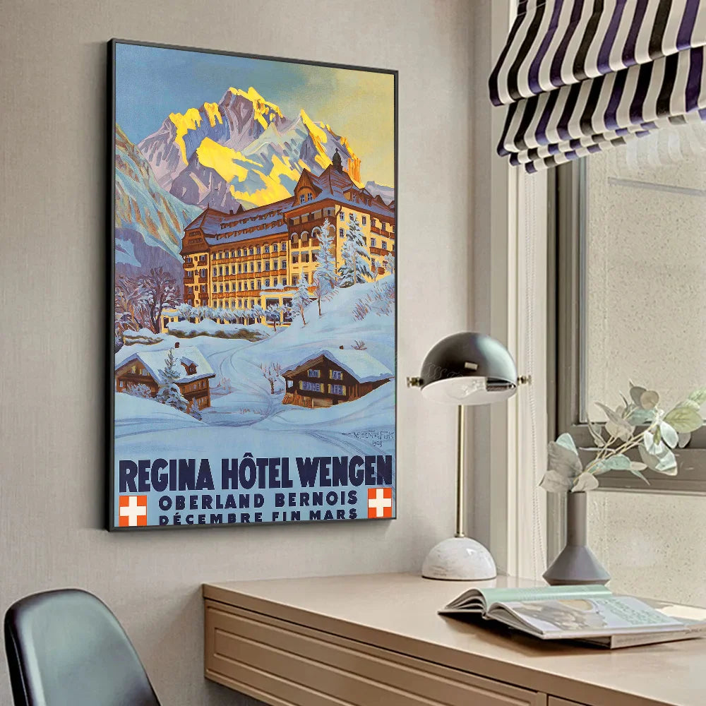 Póster de Arte de Esquí Vintage Montaña Nieve Suiza Bernesa HD Pósters Decoración Hogar Habitación Bar Cafetería Pintura Mural