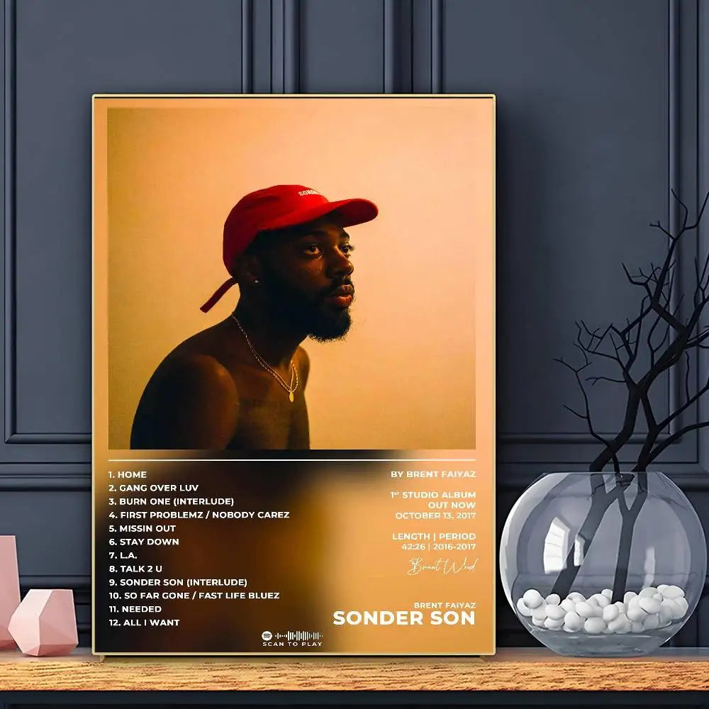 Cantante B-Brent F-Faiyaz Póster de icono de arte HD pegajoso para pared, impermeable, para decoración del hogar, sala de estar o bar