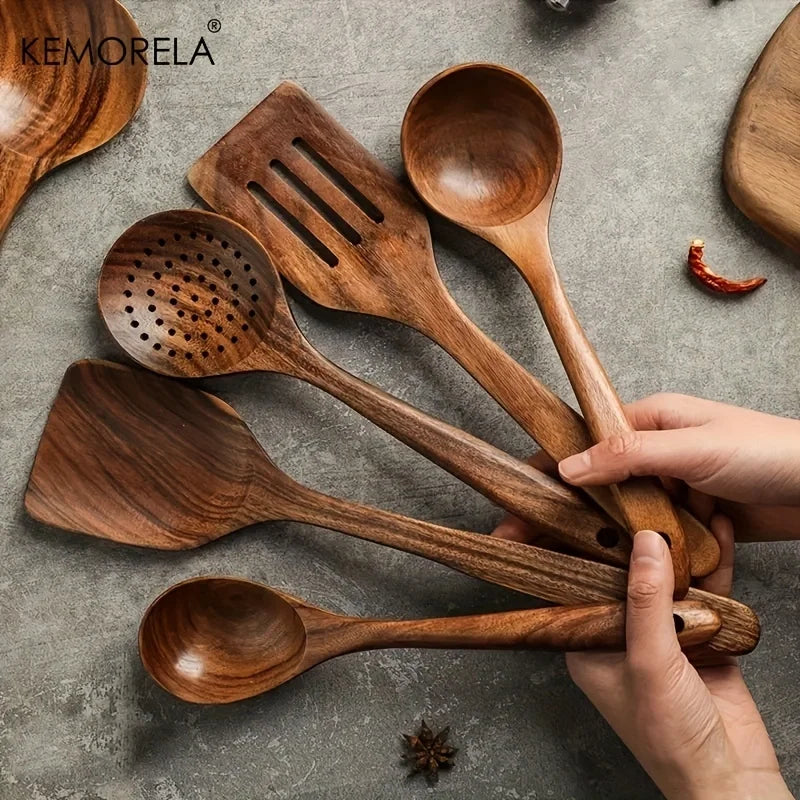 5PCS Cuchara de Cocina de Teca de Tailandia Herramienta de Vajilla de Madera Natural Cucharón Espátula Colador de Arroz Espumadera de Sopa Utensilios