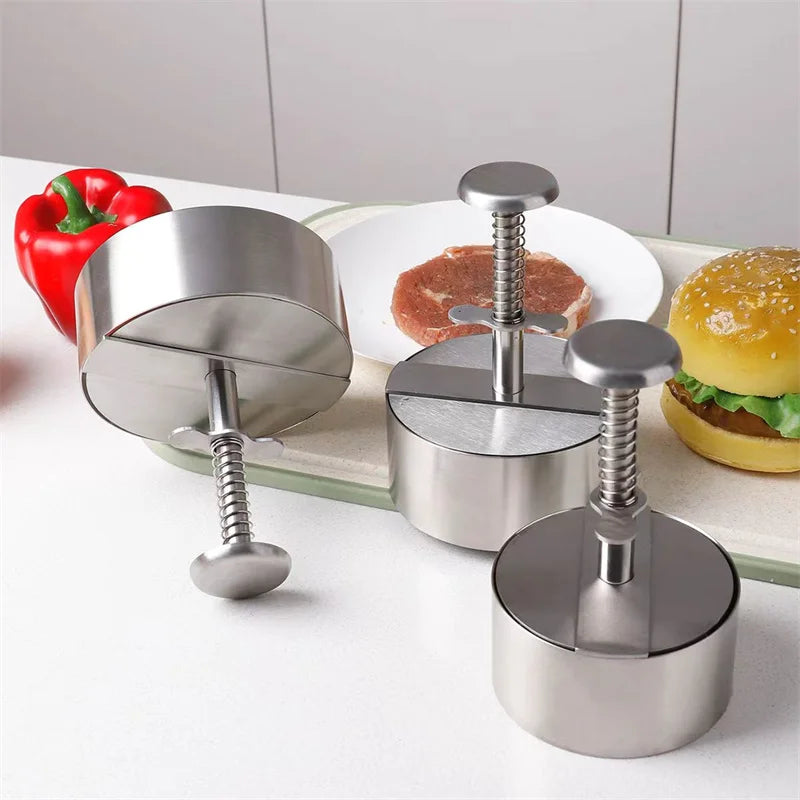Prensa de carne de hamburguesa de acero inoxidable 304, moldeador de hamburguesas redondo antiadherente, grosor ajustable, herramienta de barbacoa de carne y arroz para picnic al aire libre/cocina